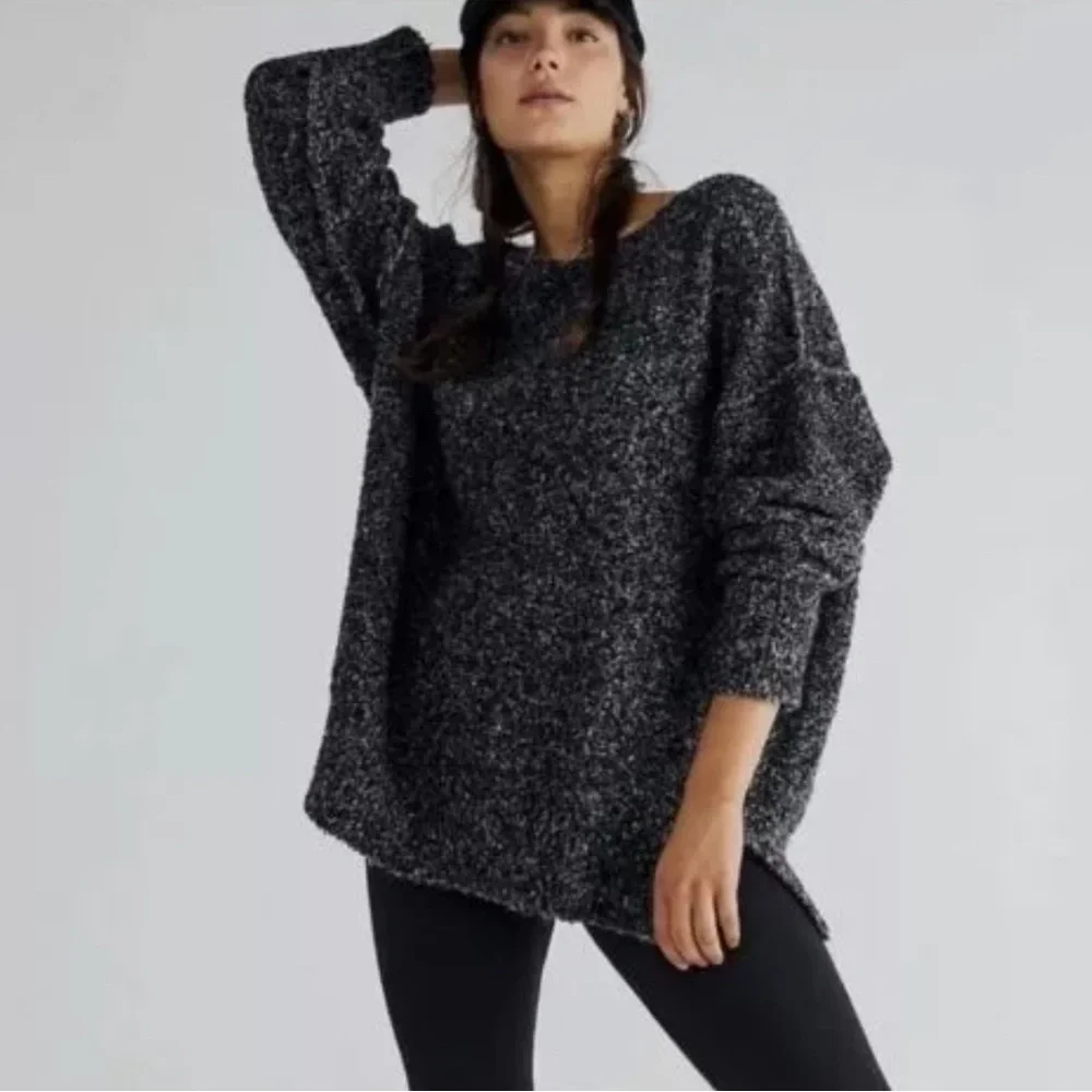 Free People Off-the-Shoulder Chunky Sweater in Charcoal Black